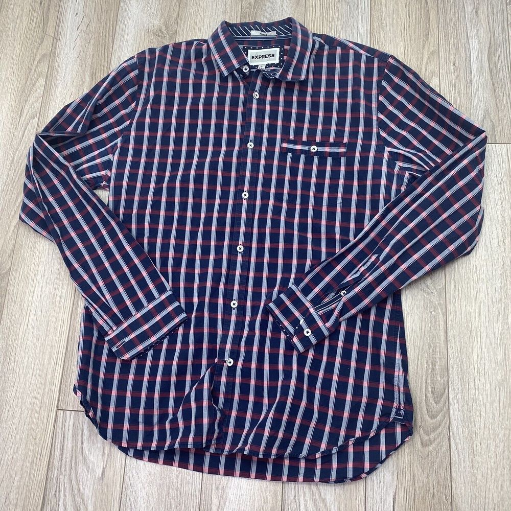 Express Button Down Shirt Mens Large Fitted Blue Pink Plaid Long Sleeve
